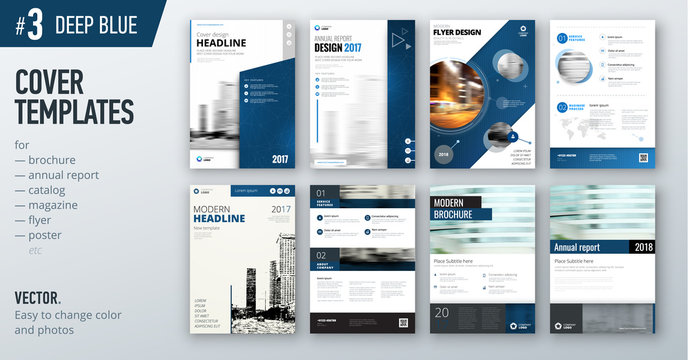 Set of business cover design template in dark blue color for brochure, report, catalog, magazine or booklet. Creative vector background concept