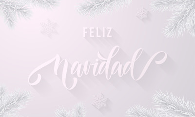 Feliz Navidad Spanish Merry Christmas frozen ice calligraphy font for greeting card and snowflakes on snow white background. Vector Christmas or New Year winter holiday premium icy branch decoration