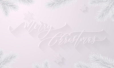 Merry Christmas holiday snowflake decoration on white snow frost background. Vector frozen ice hand drawn calligraphy font and icy fir branch for Christmas or New Year greeting card