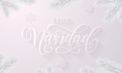 Feliz Navidad Spanish Merry Christmas icy frozen font and icy snowflake white background for Xmas greeting card design. Vector Christmas or New Year winter holiday frosted tree decoration background