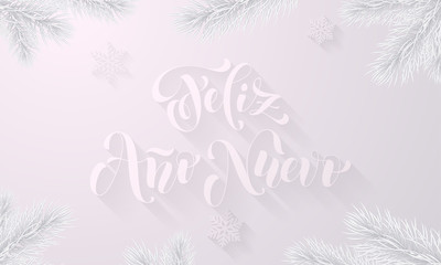 Feliz Ano Nuevo Spanish Happy New Year frozen ice calligraphy font for greeting card and snowflakes on snow white background. Vector Christmas or Xmas winter holiday premium icy branch decoration