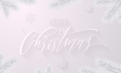 Merry Christmas icy frozen calligraphy font and icy snowflake white background for Xmas greeting card design. Vector Christmas or New Year winter holiday frosted fir tree decoration background