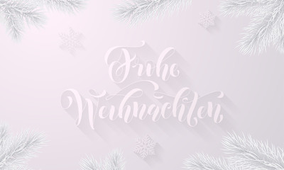 Frohe Weihnachten German Merry Christmas frost icy font and white snow background with frozen ice snowflakes on winter holiday greeting card. Vector Christmas or New Year snow frost tree branch design