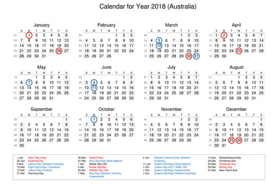 Calendar of year 2018 with public holidays and bank holidays for Australia