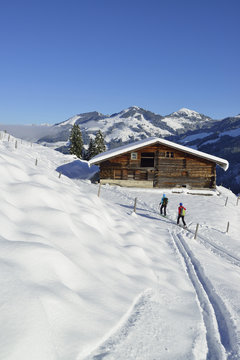 Two female back-country skiers ascending to mount Steinberg, Kitzbuehel Alps, Tyrol, Austria