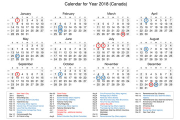 Calendar of year 2018 with public holidays and bank holidays for Canada
