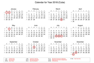 Calendar of year 2018 with public holidays and bank holidays for Cuba