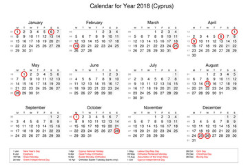 Calendar of year 2018 with public holidays and bank holidays for Cyprus