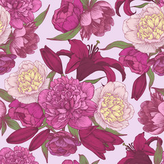 Vector floral seamless pattern with hand drawn pink and white peonies, red lilies. Floral background in vintage style