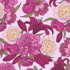 Poster Vector floral seamless pattern with hand drawn pink and white peonies, red lilies. Floral background in vintage style © lesia_a