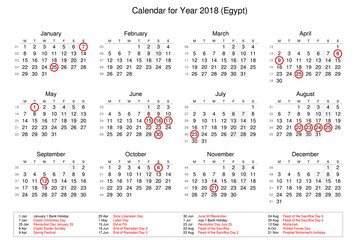 Calendar of year 2018 with public holidays and bank holidays for Egypt