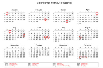 Calendar of year 2018 with public holidays and bank holidays for Estonia