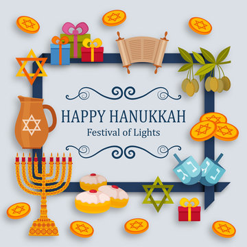Hanukkah greeting card with Torah, menorah and dreidels. Place for your Text. Vector illustration.
