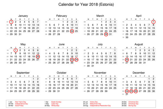 Calendar of year 2018 with public holidays and bank holidays for Estonia