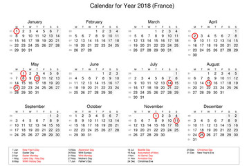 Calendar of year 2018 with public holidays and bank holidays for France