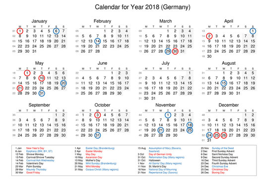 Calendar of year 2018 with public holidays and bank holidays for Germany