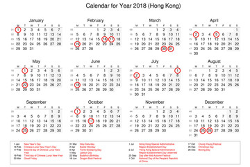 Calendar of year 2018 with public holidays and bank holidays for Hong Kong