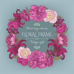 Vintage floral card with a frame of peonies and lilies. Beautiful wreath in shabby chic style. Vector illustration.