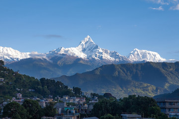 Fototapeta na wymiar Nepal, Pokhara, Himalayas. The view of Mount Fishtail (Machapuchare) 