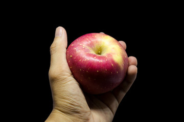 red apple on hand isolated on black bg with luxury tone