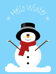 Cute snowman in hat with text hello winter