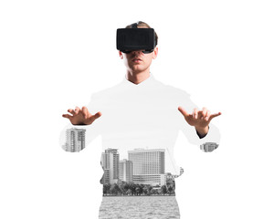 Guy wearing checked shirt and virtual mask stretching hands and trying to concentrate