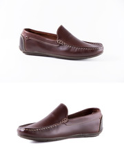 Male brown leather shoe on white background, isolated product, comfort footwear.