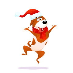 Funny cartoon jumping dog. Xmas flat joyful character design. Puppy isolated on white background. Terrier wearing red Santa Claus hat laughs and jumps. Christmas or New Year 2018 vector illustration.