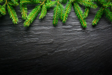 Christmas Background - Fir tree branch on dark table. Top view and copy space