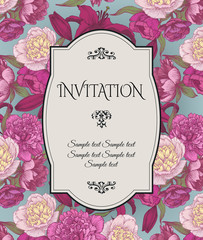 Vintage invitation card with hand drawn pink and white peonies, red lilies, can be used for baby shower, wedding, birthday and other holidays. Vector illustration.