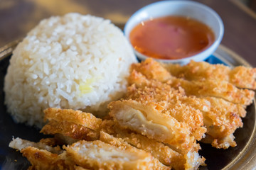 rice with chicken fried, Khao man Gai Tod.