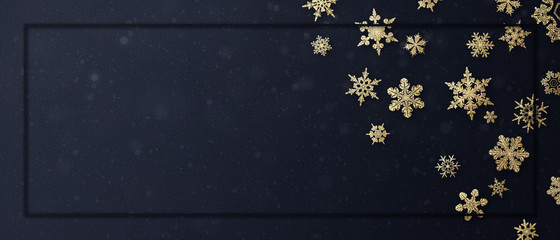 Merry Christmas - horizontal banner with gold glitter snowflakes ( xmas , holiday , new year )