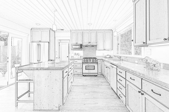 Split Screen Of Drawing and Photo of New Kitchen - Illustration