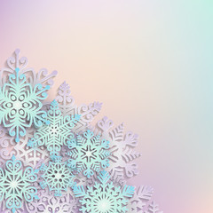 Vector illustration abstract Christmas Background with volumetric snowflakes. Winter paper art design. 3D snowflakes with shadow. Xmas and new year card template (clipping mask used)