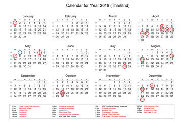 Calendar of year 2018 with public holidays and bank holidays for Thailand