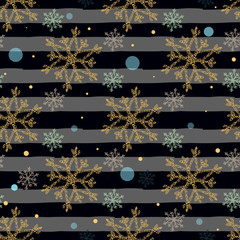 Glitter silver striped Christmas New Year seamless pattern with snowflakes. Paint brush strokes background. golden snowflakes. Stripes lines. Vector illustration. Hipster trendy wrapping gift paper