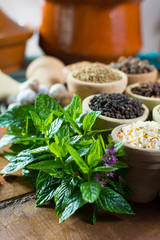 Variety of different asian and middle east spices, colorful assortment, on old wooden table