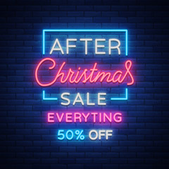 Christmas sales, neon sign, advertising bright festive discounts. New Year card sale, light banner. Xmas Winter Discounts, Flyer Flyer for your projects. Vector illustration