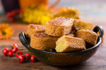Autumn dessert, stuffed cookies on the wooden table, Thanksgiving food concept
