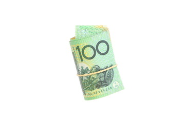 group of 100 dollar Australian notes roll on white background