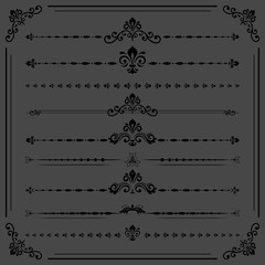 Vintage set of dark decorative elements. Horizontal separators in the frame. Collection of different ornaments. Classic patterns. Set of vintage patterns