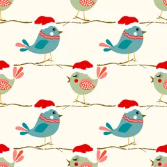 Gardinen Weihnachtsnahtloses Muster mit niedlichen Vögeln © LilaloveDesign