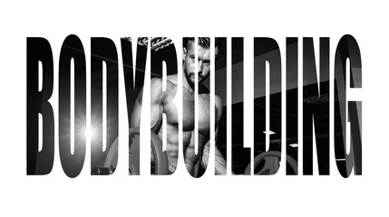 Athletic young man doing exercises with barbell in gym. Handsome muscular bodybuilder guy is working out. Monochrome image. Motivation sign.