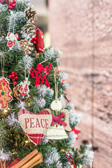 Merry Christmas and Happy New Year. Happy holidays. Christmas tree. Heart with inscription peace. Free space