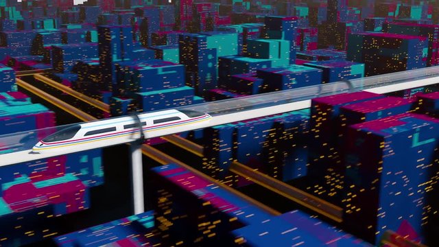 Concept of hyperloop. High-speed passenger train moves in a glass tunnel against a background of a night cityscape with street lights