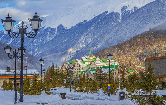 KRASNAYA POLYANA, SOCHI, RUSSIA - JANUARY 31, 2016: The complex of cottages "Grand Hotel Polyana." "Laura, GAZPROM" is a mountain-tourist center near Sochi, Russia on January 31, 2016.