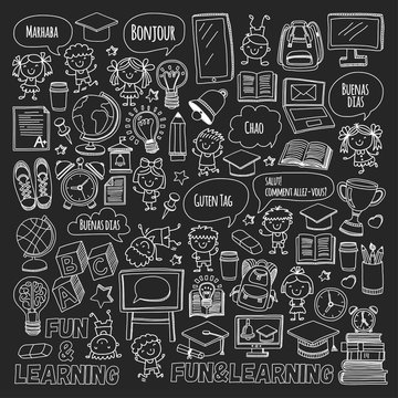 Blackboard Vector doodle set Children language school Kindergarten kids Pattern with doodle kids drawing style icons Play and study and grow Creative images for college, university, school