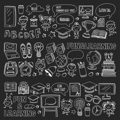 Blackboard Vector doodle set Children language school Kindergarten kids Pattern with doodle kids drawing style icons Play and study and grow Creative images for college, university, school
