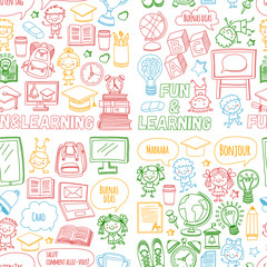 Vector doodle set with children Language school isolated on white background