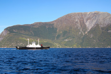 Boat in Sognefjord scenery, Norway, Scandinavia